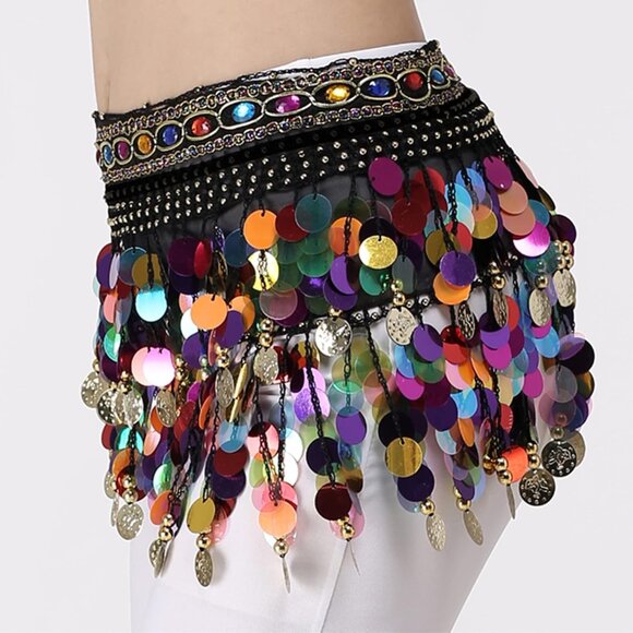 Women Black&Colorful Coins Hip Scarf Skirt Wrap Performance Belly Dance Costume - Picture 4 of 4